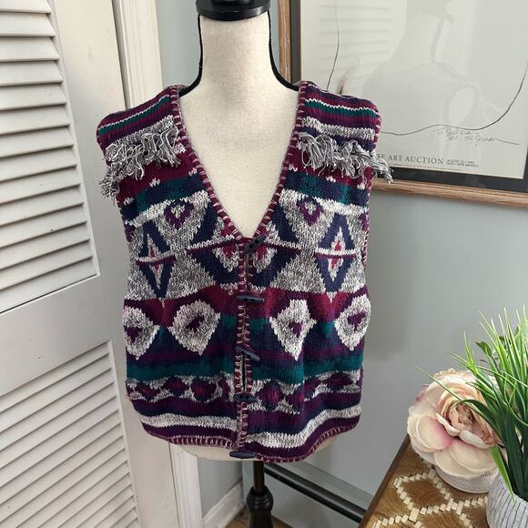 Vintage 90s GINA PETERS Womens Sweater Vest Toggle Tribal Knit Fringe Western L - Picture 1 of 9